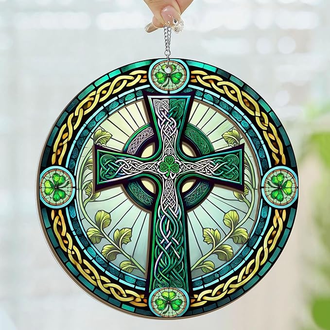 St Patricks Day Decorations - Irish Gifts for Men Women Friends Family, St Patricks Day Accessories, Celtic Cross Home Decor - Double Layered Hanging Suncatcher 12 in