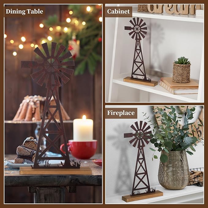 Tandefio Farmhouse Windmill Table Top Decor 11.8 Inch Metal Rusted Vintage Desk and Shelf, Decorative Farmhouse Kitchen Rustic Windmill Decor Rustic Home Decorations