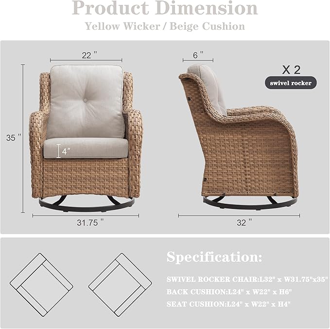 Outdoor Swivel Rocker Patio Chairs - 360 Degree Swivel Glider Seating 350LBS Weight Capacity Wicker Rocking Chairs Set of 2 with Removable Cushion for Porch Balcony Deck, Yellow/Beige