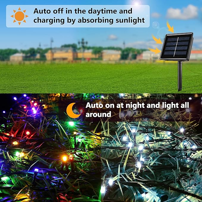Joomer Color Change Christmas Lights 72ft x 2 Pack 200 LED 11 Modes Solar String Lights Waterproof Twinkle Fairy Lights for Garden, Patio, Fence, Balcony, Outdoors (White to Multicolor)