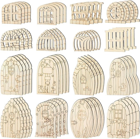 64 Pcs Fairy Door Mini Wooden Garden Doors Unfinished DIY Craft Fairy House Kit Unpainted Wood Miniature Door Blank Fairy House Doors and Windows for Home Office Wedding Party Decoration Accessories