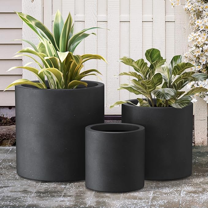 Kante 9.8",12.6",15.7" Dia Round Concrete Planter Set of 3, Modern Style Large Cylindrical Plant Pot with Drainage Hole and Rubber Plug for Indoor Outdoor Patio, Black