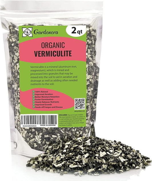 Horticultural Organic Vermiculite by GARDENERA - Medium Grade - Natural Soil Additive for Potted Plants, Orchids, Hydroponics, Terrariums (2 Quart)