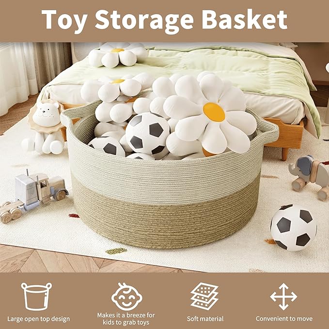 125L Extra Large Blanket Basket, 25" x 16", Jumbo Laundry Woven Baskets Decorative Home, Cotton Rope Basket with Handles, Baby Toy Baskets for Storage, White & Brown