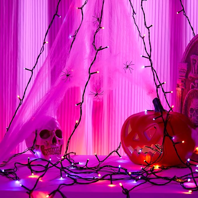 Halloween 300 LED String Lights,105FT String Lights with 8 Modes&Timer Function, Purple and Orange Halloween Lights Plug in for Party Carnival Supplies, Outdoor/Indoor Yard Garden Decor