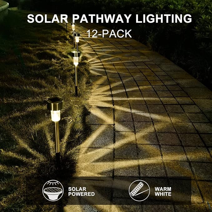 Solar Lights Outdoor Waterproof, Stainless Steel LED Landscape Lighting Outdoor Solar Lights for Outside Solar Garden Lights for Pathway, Walkway, Patio, Yard, Lawn - 12 Pack (Warm White)