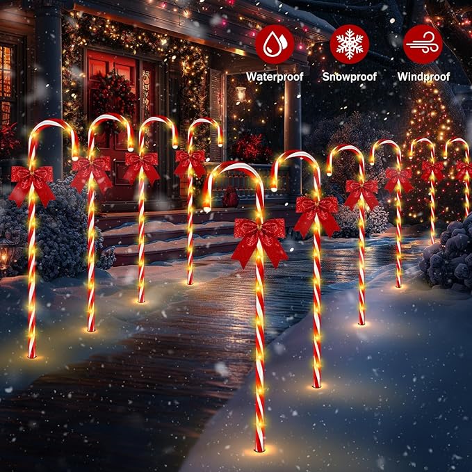 Christmas Candy Cane Pathway Lights, 12PCS 120 LED Christmas Lights Outdoor Decorations with Red Bow Waterproof, 8 Modes Timer Remote Christmas Walkway Lights for Xmas Home Yard Lawn Patio Decor