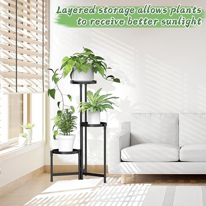 MOKANI Metal Plant Stand Indoor Outdoor for Multiple Plants, 3 Tiered Folding Corner Shelf Tall Flower Pot Holder Display Rack for Patio Living Room Balcony Garden, Black