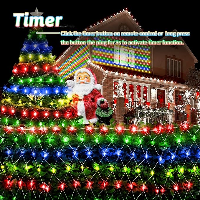 JXLEDAYY 200 LED Christmas Net Lights Outdoor Waterproof 3M*2M Mesh Lights Fairy String Lights Plug in with Timer 8 Modes for Bush Window Fence Garden Yard Roof Wall Decor-Multicolored