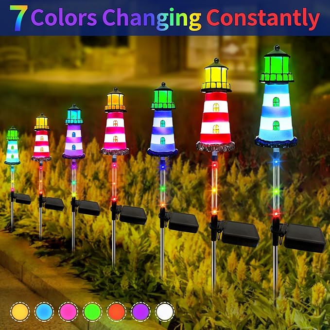 Solar Lights Outdoor Waterproof,2 PCS Lighthouse Solar Outdoor Lights,IP65 Waterproof Pathway Transparent Tube Lighthouse with 7 Color Gradients, for Your Home Patio Walkway Lawn Decor