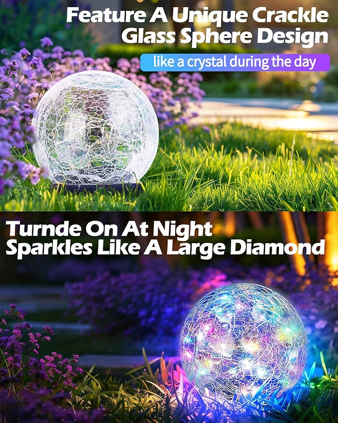 Garden Solar Ball Lights Outdoor Waterproof, 30 LED Cracked Glass Globe Solar Power Ground Lights for Path Yard Patio Lawn, Christmas Decoration Landscape Colorful (2 Pack 3.9'')