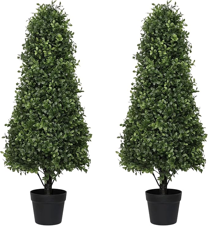 3ft Artificial Boxwood Topiary Trees (Set of 2) - UV Resistant Faux Plants Outdoor, Realistic 36" Fake Cone Bushes and Shrubs for Front Porch, Planter, Patio - Low Maintenance & Evergreen