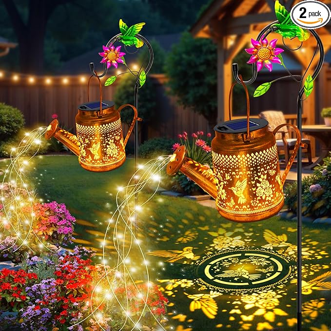 2 Pack Solar Lanterns Outdoor Waterproof,Hummingbird Watering Can Garden Decor,Hanging Solar Path Lights Yard Art,Outside Patio Decorations Gardening Birthday Gifts for Mom Grandma Women (Warm White)