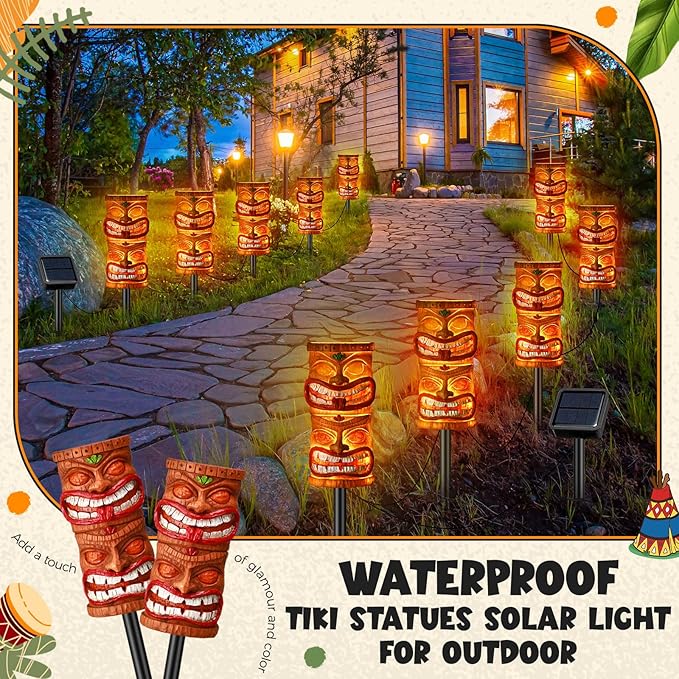 VIHOSE 5 Pcs Tiki Solar Light Decor Tiki Bar Statues Solar Power Light Stake Outdoor Hawaiian LED Decor for Luau Birthday Party Tropical Bar Garden Yard