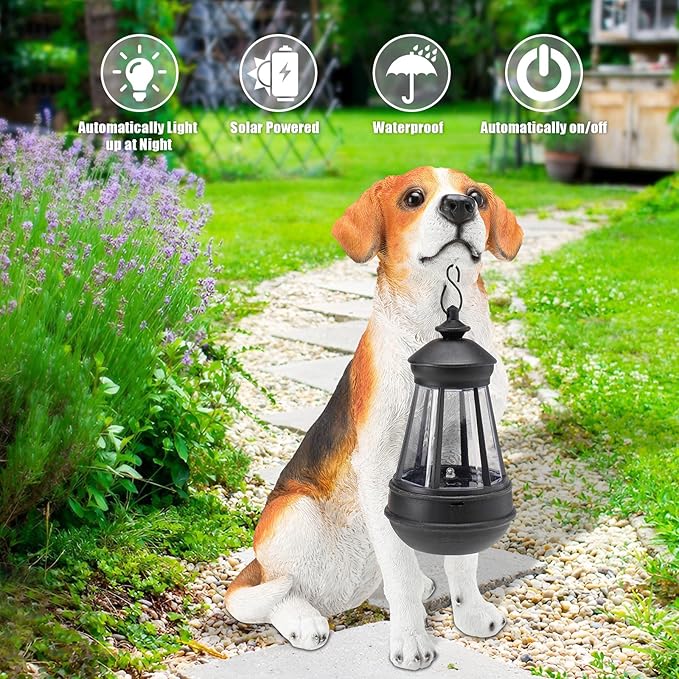 Garden Dog Statues Outdoor Decor, Solar Lights Outdoor Beagle Dog Statue Garden Decorations Solar Dog Ornaments for Patio, Lawn, Yard Art Decoration, Housewarming Garden Gift