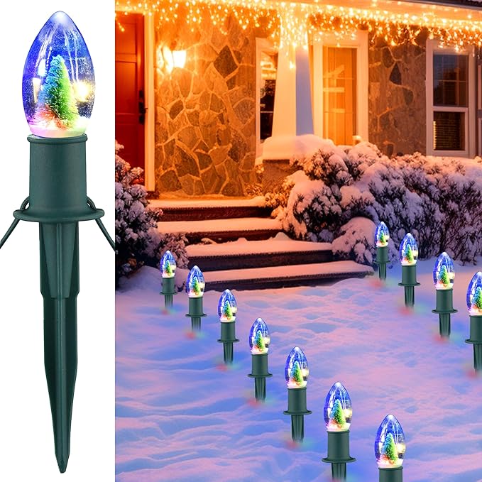 VCOKEN Christmas Pathway Lights Outdoor, 24.5FT Connectable C9 Christmas Walkway Lights with 20 LED and Stakes, Multicolored Waterproof C9 Christmas Lights Outdoor Decorations for Lawn Yard Sidewalk