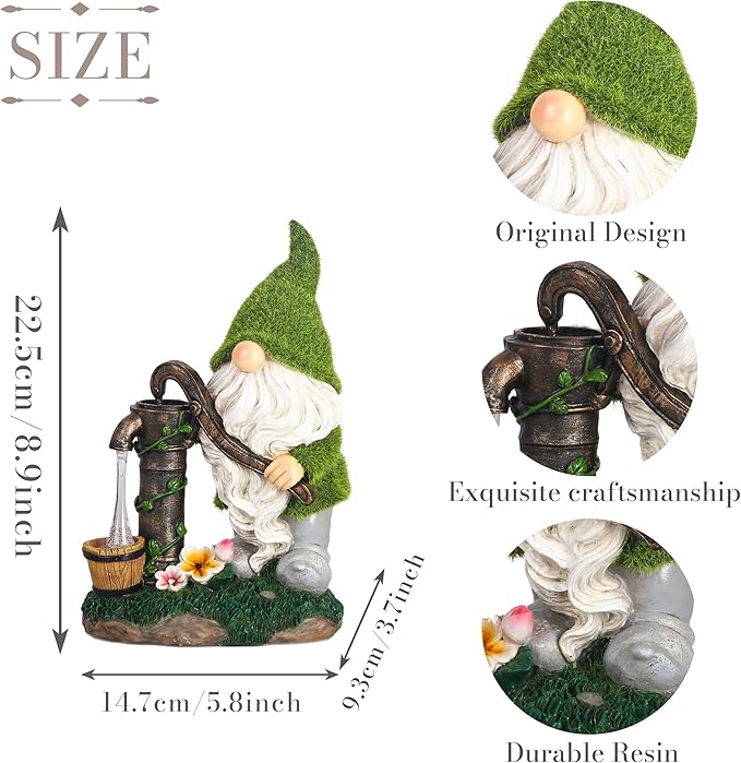 TERESA'S Collections Resin Garden Gnomes Decor with Solar Lights, Light Green Outdoor Decorations for Porch Patio, Gifts for Women and Men，Outdoor Garden Decor Ornaments for Outside, 9"