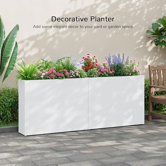 Stoog 38" Large Planters for Outdoor Plants, All-Weather Rectangular Metal Planter Box with Removable Insert Shelf, and Modern Design – Ideal for Plants, Flowers, Vegetables, Garden, White