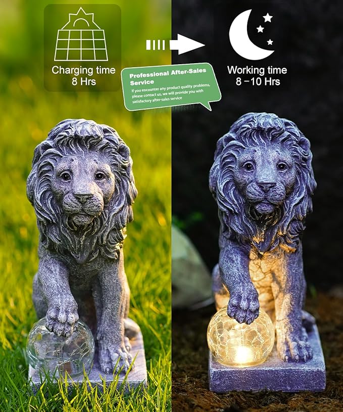 Solar Lion Statue for Garden Decor: Outdoor Figurines Sculpture with Ball for Lawn Patio Yard Balcony - Gifts for Mom Grandma Women