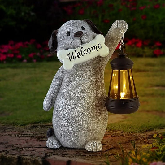 Solar Dog Statues for Garden Decor - Outdoor Dog Figurines with Solar Lantern for Yard Patio Lawn Balcony Ornaments - Garden Gifts for Mothers Day, Grandma, Easter