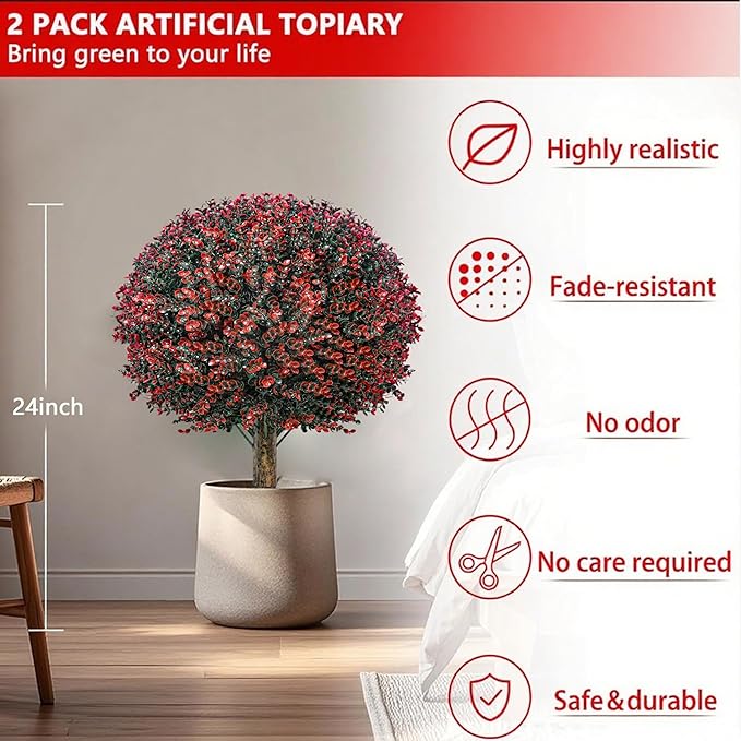 Fall Artificial Boxwood Topiary Ball Tree Bushes with Ground Spike, Set of 2 Outdoor Faux Shrub Topiary Ball, 24" UV Resistant Fake Boxwood Plants for Potted Planter,Indoor,Autumn