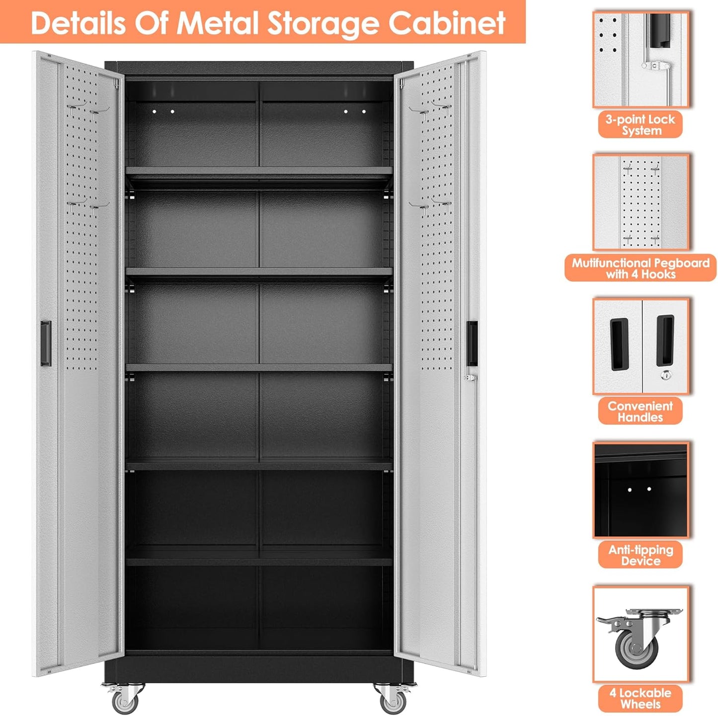 Aobabo 71" H×32" W×16" D Metal Storage Cabinet with Wheels, Garage Steel Storage Cabinet with 5 Adjustable Shelves and 4 Hooks for Home Office,Kitchen, Black Silver,Assembly Required