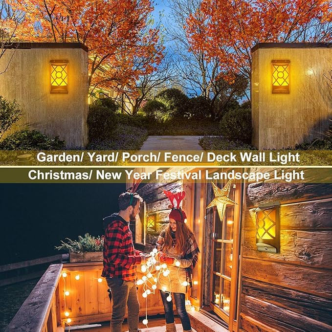 Solar Flame Lights Outdoor, Realistic 3D Flickering Flames with 66 Ultra-Bright LEDs - Waterproof Wall Mount Lanterns for Deck, Fence, Patio, Garden, Auto On/Off (4-Pack Value Set)