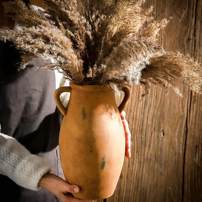 Large Ceramic Flower Vase,11.3 inch Terracotta Vase with 2 Handles, Rustic Farmhouse Vases, Decorative Pottery Flower Vases for Home Decor, Living Room Shelf Decor, Table