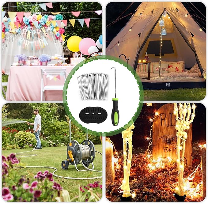 Landscape Staples Set,6 Inch 11 Gauge 50pcs Galvanized Garden Stakes + 50pcs Gaskets + 1Pick Hook,U-Shaped Tent Stakes Landscaping Fabric SOD Pins for Weed Fabric Barrier,Groud Cover,Fence