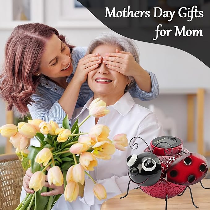 Teaeeno Ladybug Solar Light Lantern Garden Decor,Metal Animal Decorative Ladybug Sculpture,Garden Yard Lawn Backyard Ornament Decor,Home, Lawn, Patio,Metal Animal Ornament, Women/Gardening Gifts