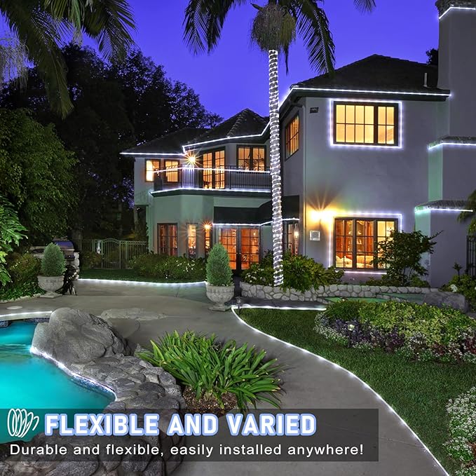 Rope Lights for Outside, 66FT 200 LED Christmas String Lights with Waterproof 8 Modes, Flexible and Connectable Plug in Fairy Light for Outdoor Indoor Patio Pool Garden Party Holiday Decor, White