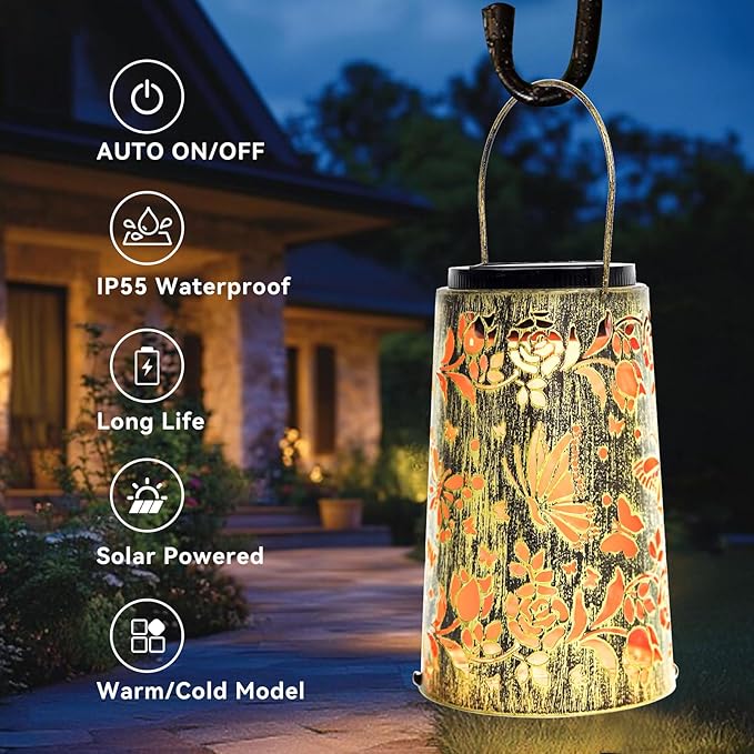 Solar Lanterns, Waterproof Hanging Metal Decorative Lights for Outdoor Use, Garden, Yard, Backyard, Porch, Table, Pathway - Butterfly Solar Powered Cool/Warm Light, 1 Pack