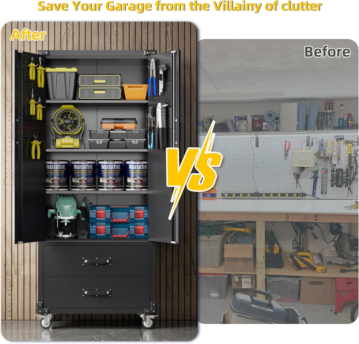 Aobabo 2 Large Drawer Metal Storage Cabinet with Wheels, Lockable Steel Storage Cabinet with 3 Adjustable Shelves and 6 Hooks for Home, Office, Garage, Classroom, Black, Assembly Required