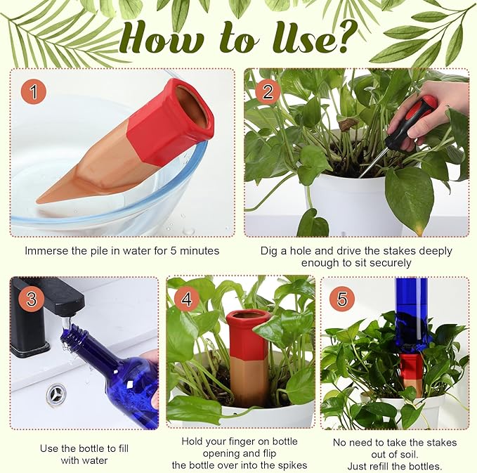 6 Sets Plant Watering Devices Include Terracotta Self Watering Spikes and 26 oz Plastic Bottles, Slow Release Vacation Insert Automatic Plant Waterer Device (Blue and Mixed Color)