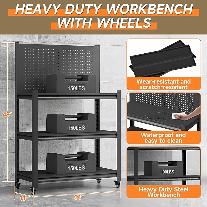 Workbench with Pegboard, Adjustable Heavy Duty Work Table with Wheels, Heavy Duty Workstation, Metal Tool Work Bench for Garage Warehouse Workshop, 48" H x 18" D x 34" W, Black