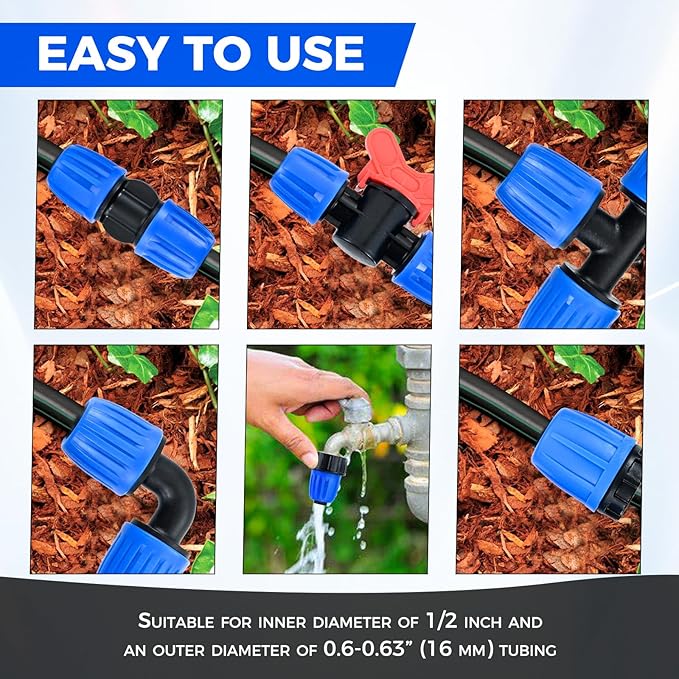 Drip Irrigation Fittings Kit for 1/2 Inch Tubing, 24 PCS 1/2" ID x 0.6-0.63" OD 16 mm Drip Anti-drop Barbed Locked Nut Connectors - 5 Tees, 5 Couplings, 2 Switch Valves, 5 End Cap, 5 Elbows, 2 Adapter