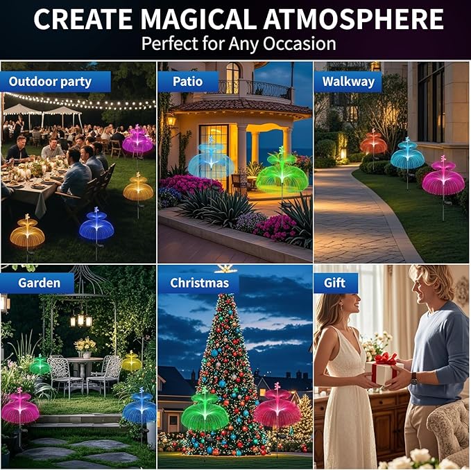 Solar Garden Lights Outdoor Solar Lights 7 Color Changing Jellyfish & Star Waterproof Solar Flower Lights for Garden Decor, Yard, Patio, Lawn, Pool, Party, Wedding, Gifts for Women/Mothers (6 packs)