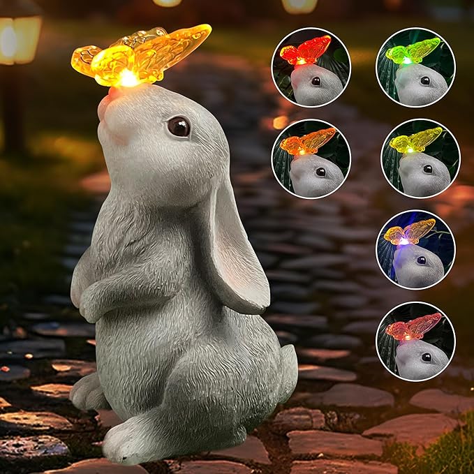 Bunny Outdoor Decor, Solar Rabbit Garden Statue, Cute Easter Gift Outside Lawn Ornaments for Patio Clearance Yard Porch, Housewarming Gift to Mom Women Birthday Mother's Day