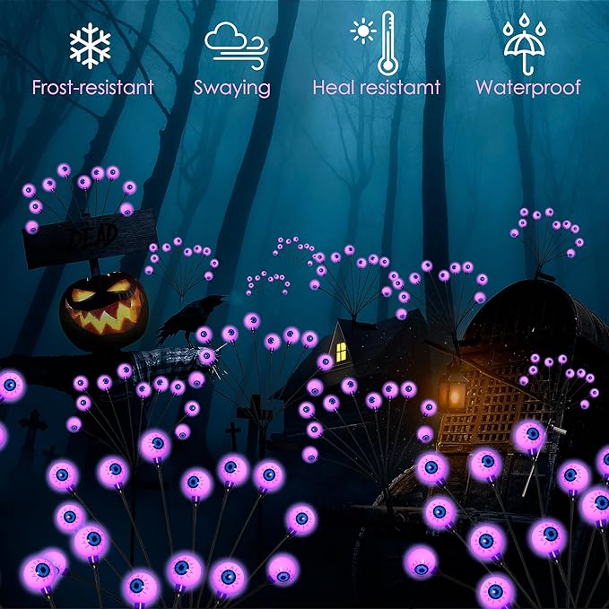 Solar Halloween Lights - 4 Pack 40LED Outdoor Waterproof Scary Eyeball Swaying Firefly Lights for Yard Garden Patio Party Decor Purple