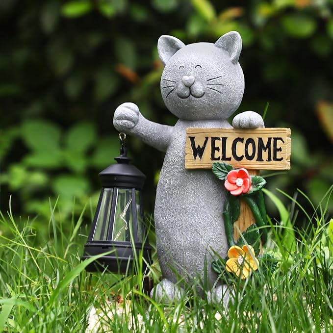 Json Garden Statue Solar Cat Figurine with Lantern, 10" Resin Kitten Outdoor Lawn Porch Yard Art, Lighted Christmas Birthday Gifts for Mom Grandma