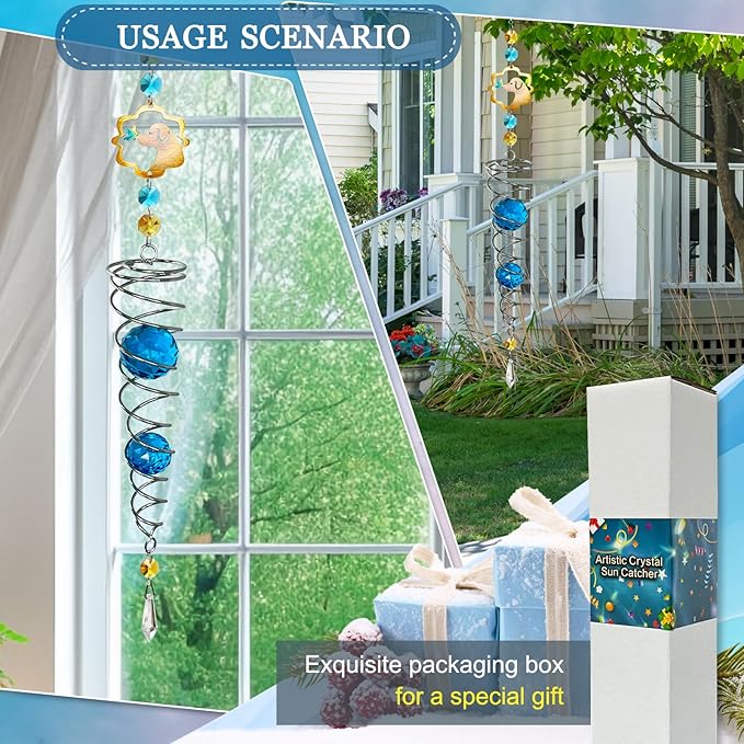 FONMY Dog Gazing Ball Spiral Tail Wind Spinner Sun Catcher Rainbow Maker Silver Double-Spiral W/Blue K9 Crystal Ball Tree Hanging Ornament Indoor Outdoor Garden Decor. -19.5inch H