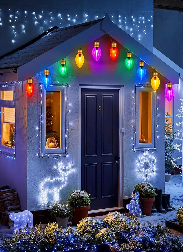 Jumbo C9 Christmas Lights Outdoor Decorations Lawn with Pathway Marker Stakes, 8.5 Feet String Lights Covered Jumbo Multicolored Light Bulb for Holiday Time Outside Yard Garden Decor, 5 Lights