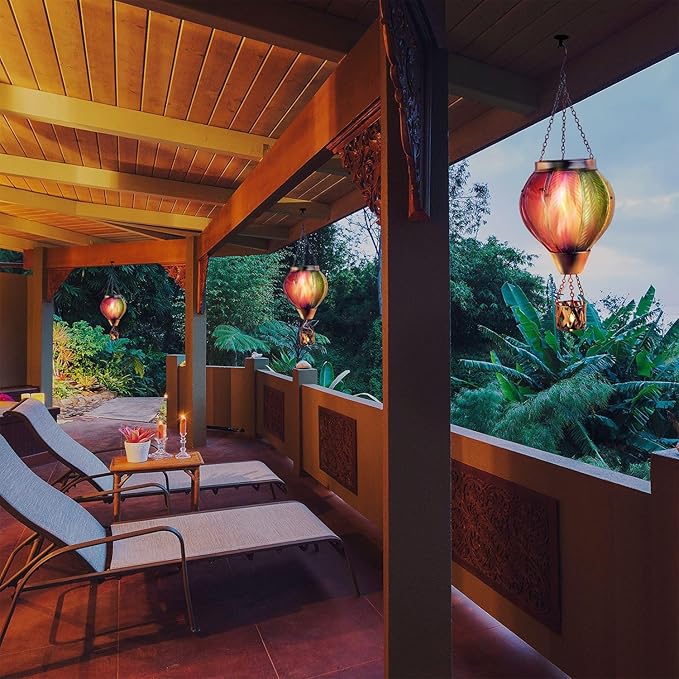 pearlstar Hot Air Balloon Solar Lantern with Flickering Flame Light Outdoor Solar Hanging Lights Waterproof for Garden Yard Farmhouse Patio Pathway Outside Decoration,Glass, Multicolor