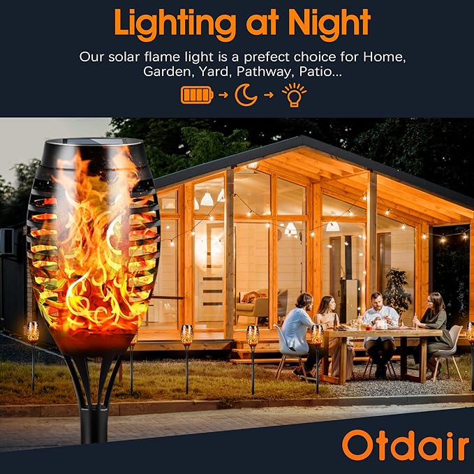 Otdair Solar Torch Lights with Flickering Flame, 12LED Tiki Torch Solar Lights Outdoor, IP65 Waterproof Mini Solar Torch Light Auto On/Off for Garden, Patio, Yard, Pathway, 8 Packs