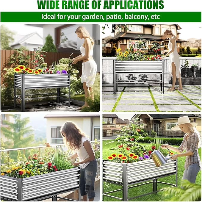 Doniks Raised Garden Bed with Legs, 48×24×32in Large Outdoor Metal Galvanized Garden Planting Box, 600lb Capacity for Vegetables Lawn Green Flowers, Fruits, Terrace