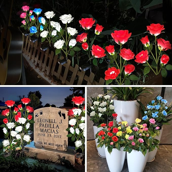 Solar Garden Lights, Solar Outdoor Lights with More Realistic 20 Rose Waterproof Solar Powered Flowers Lights for Outside Patio Yard Pathway Decorations, White and Red