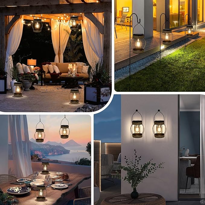 Solar Outdoor Lanterns,Hanging Solar Lights Outdoor Waterproof Metal Solar Table Lights Solar Powered Lanterns Decorative Tree Lanterns Outdoor Lamp for Patio Garden Yard Pathway, 2 Pack