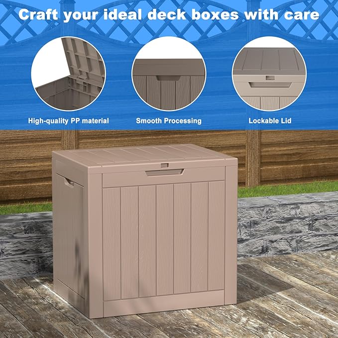30 Gallon Outdoor Deck Box,Storage Lockable Waterproof Patio Furniture,Garden Tools,Cushions,Pool Accessories Outside Storage Resin Box(Grey)