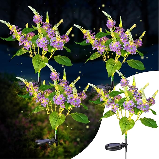 Neporal Solar Flowers Outdoor Waterproof Purple, Lilac Garden Solar Lights Decorative 4PK 8-Stem, 2 Lighting Modes, Solar Powered Garden Decor, Solar Yard Decor