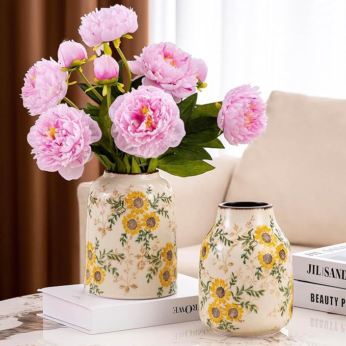 Sunflower Green and Beige Vase, Yellow Ceramic Vintage Vase Cottage Core Home Decor, Cute Floral Centerpiece Vases for Living Room, Bedroom, Kitchen, Table Grand Millennial Decors, Tuscan Decor 7.8In